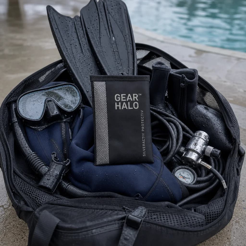 Pod in a dive bag with wetsuit and dive gear